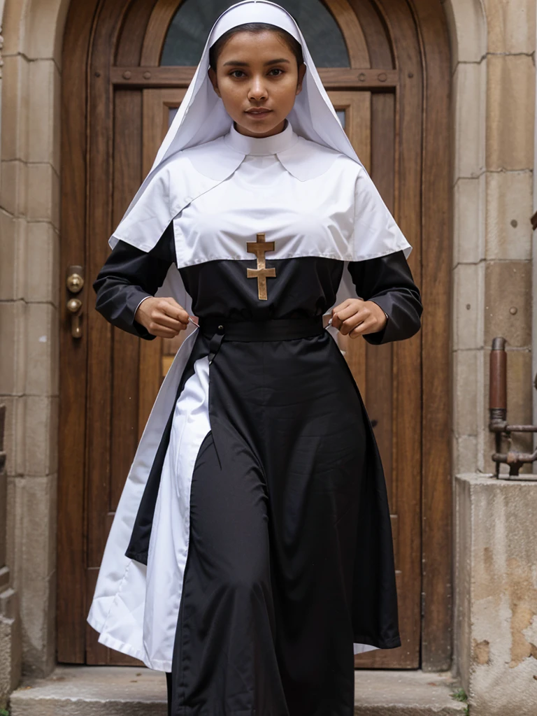 Beautiful girl in Catholic religious nun outfit with long sleeves (cor preta)