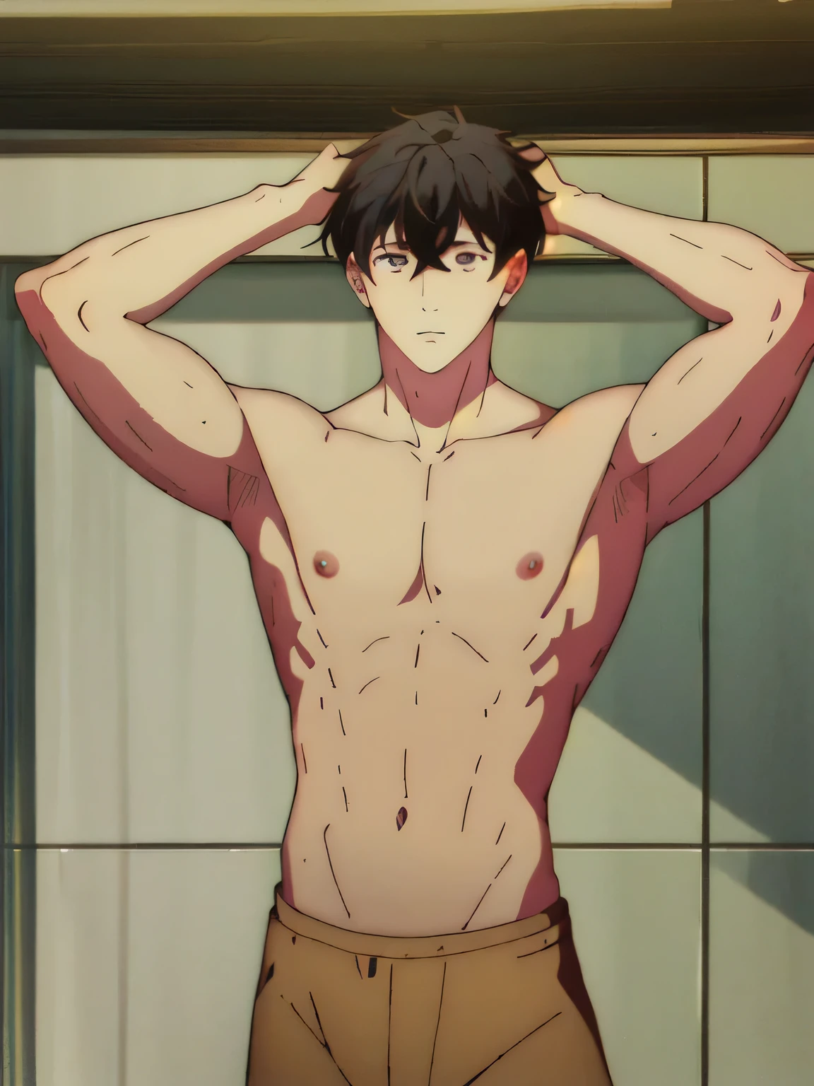 work of art, best quality, young man with black hair that reaches his shoulders, naked, beautiful body, strong, shiny skin.