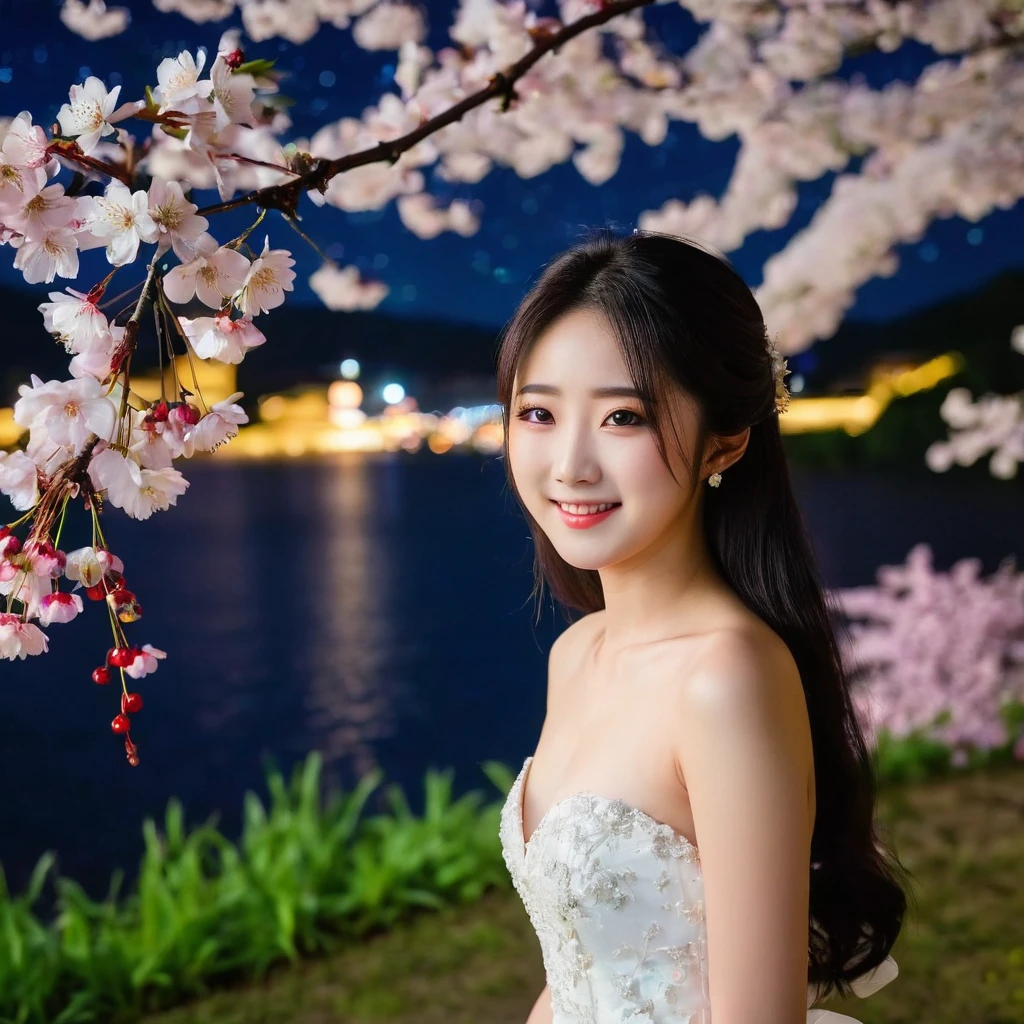 (16k,super highest quality,masterpiece,ultra high resolution),15 years old〜Until age 20,Wedding dress,Beautiful and thin legs,chest,black hair,black eye,straight long hair,beautiful skin,beautiful body,A lovely and beautiful young Japanese girl,full body angle,full body photo,baby face,single eyelid,field,beautiful water lake background,slim waist,with young body,cute smile,adorable smile,Lots of cherry blossoms in full bloom in the background,A lot of colorful flowers in the background,in the dark,deep shadow,Full moon in the background,A lot of starry sky in the background,Cherry blossoms illuminated at night,Flower garden light up