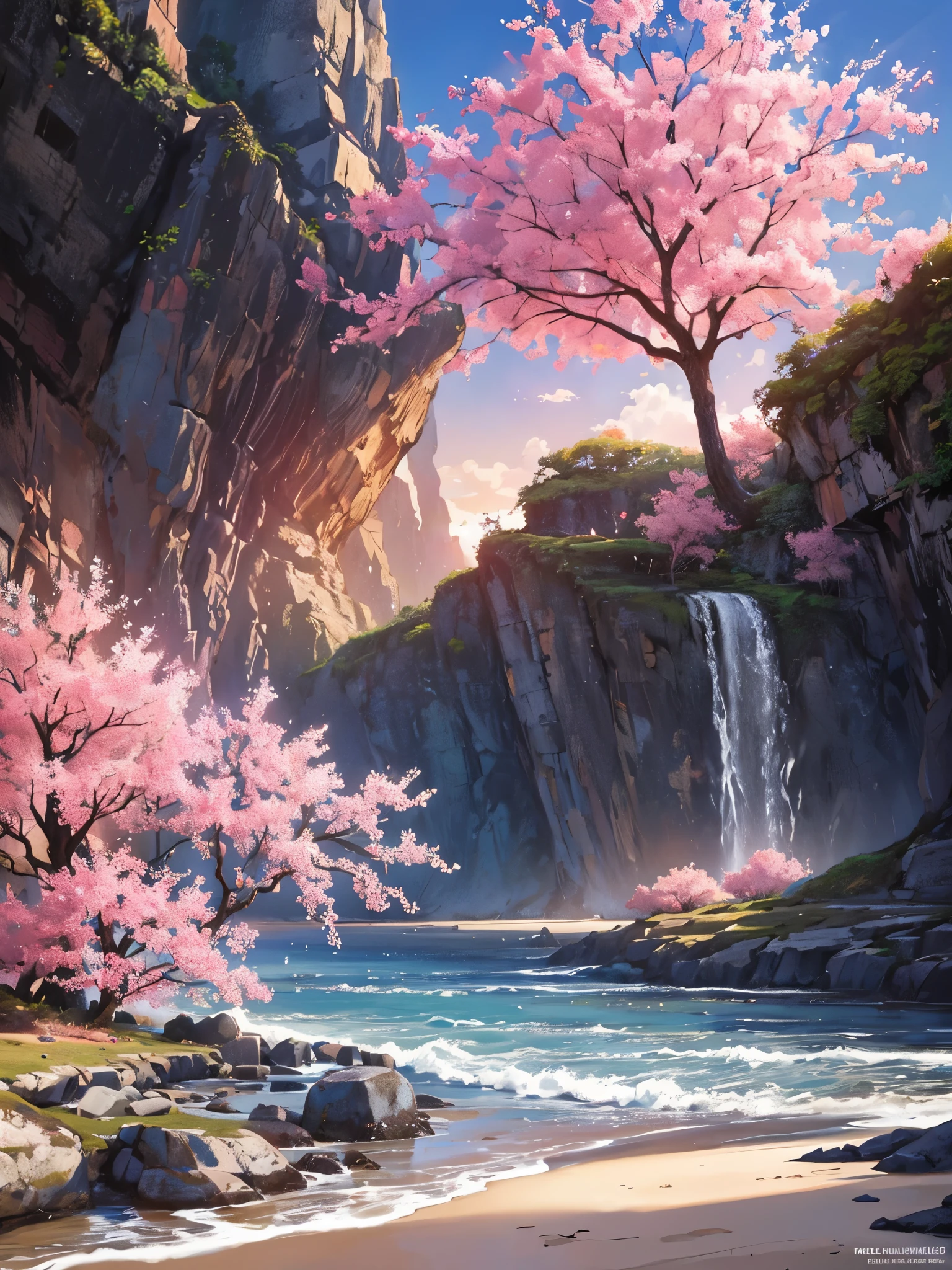 an amazing pink tree on a rock on the beach, in the style of realistic representation of light, passagem, Faith-inspired art, Abandoned spaces, cenas cheias de luz, ambientes imersivos, motivos de flores e natureza --ar 14:25