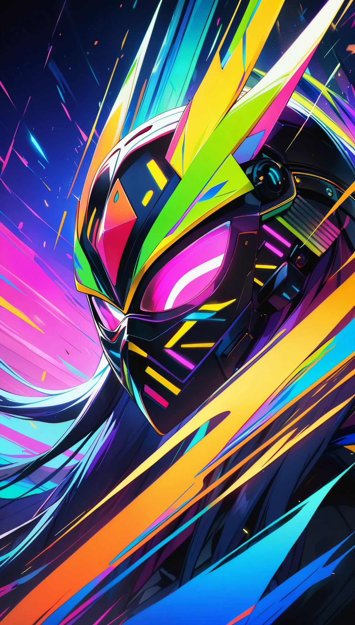 Masterpiece, close-up, top quality, best quality, official art, beauty and aesthetics: 1.2), light painting, dynamic stripes, vibrant colors, charming patterns, creative experiments, glowing trajectories, 1Girl, masks, mechanical masks, nanomaterials, global lighting, extreme detail, (science fiction: 1.3), colorful, highest detail, movie lights, (cowboy lens: 1.2)