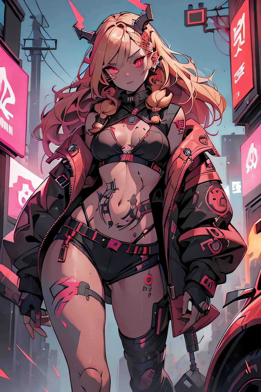 1girl, rebecca \(cyberpunk\), full body, solo, blonde braid hair, glowing red eyes,laugh fearlessly, leg tattoo, neck tattoo, large chest, black bra, thong, red pupils, skin fang, red eyes, black jacket, carry a big hammer on your shoulder、dynamic angle、dynamic pose、