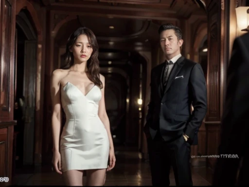 original photo,Depth of the bounds written,dramatic,Inspired by the 007 movies,(actual映画のスチール写真:1.3),007 movie style,(highest quality, High resolution:1.2), super detailed details, (actual、lively、realism:1.3), full body female love,tall man,sexy woman,((1 female、Two men together)), that woman'His hair is very dirty,Woman wearing an intricate evening dress,hollow,pattern,badge,Intimidating atmosphere,007 atmosphere, Intimidating atmosphere,Agent's mood, close, perfect body,性感的long legs,long legs,very detailed facial details, real background,actual007映画の静止画,Movie Synopsis,(sharp focus:1.2), very detailed, (lively:1.4), (Original image, 8K High resolution:1.2), RAW candid film, 16 mm, Color graded Portra 400 film, surreal, Scattered beneath the surface, ray tracing, (volume lighting),((Behind the woman stood two men in suits.)),Intimidating atmosphere