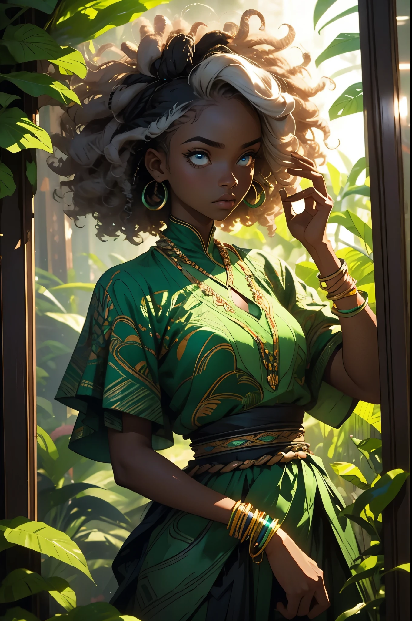 Half body shot of black woman behind a foggy mirror, dressed in african designed attire, her image partially blurry, blue eyes and curly hair, surrounded by a neon lit green leaves and flowers in semi curve shape, atmospheric shimmering background, beautiful and moody images, green, grey and silver colour grading.