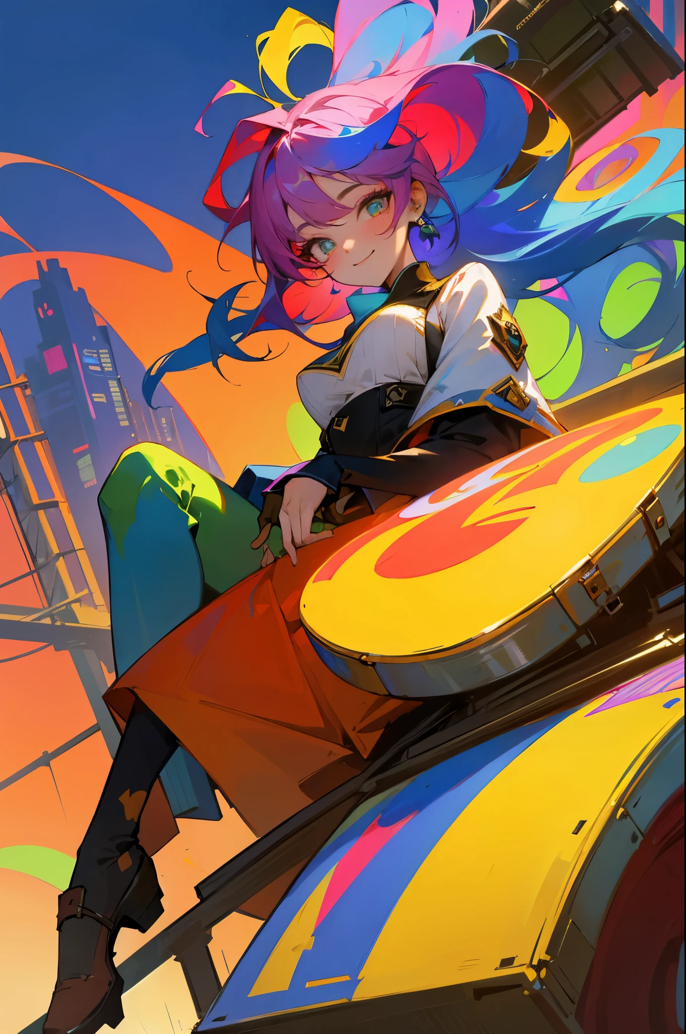 1 female, An artist, Sitting on a platform, colorful background city, Stunning light from distant brightens the scene, smile face, paintbrush, Casts a deep shadow on the clothes, colorful hair, colorful eyes, masterpiece, close up