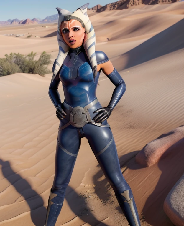 score_9,score_8_up,score_7_up,score_6_up,source_ahsoka tano, yellow eyes, black latex bodysuit, armor, latex cape, gloves, black pants, looking at viewer, serious, medium shot, standing, hands on hips, outside, desert, sunny,