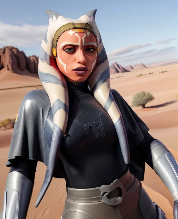 score_9,score_8_up,score_7_up,score_6_up,source_ahsoka tano, yellow eyes, black latex bodysuit, armor, latex cape, gloves, black pants, looking at viewer, serious, medium shot, standing, hands on hips, outside, desert, sunny,
