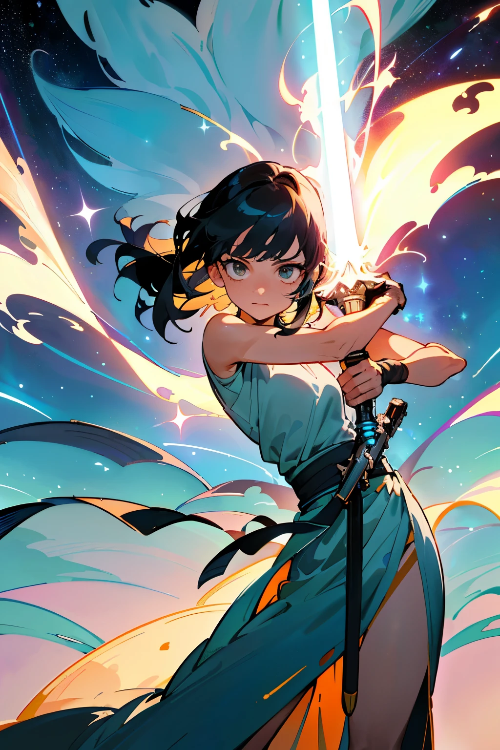 Rey poses boldly in front, her silhouetted figure radiating power under the soft, ethereal glow of her ignited blue lightsaber. The crackling blade cuts through the air with an electric hum, its energy a stark contrast to the serene background of the boundless cosmos. Behind her, an expansive tableau of twinkling stars and swirling galaxies unfolds, their starlight casting a gentle, surreal illumination on her determined face. Her features, bathed in a mix of resolve and introspection, capture the essence of the vast, infinite expanse, embodying the timeless battle between the force and the unknown. (Art style: Moebius