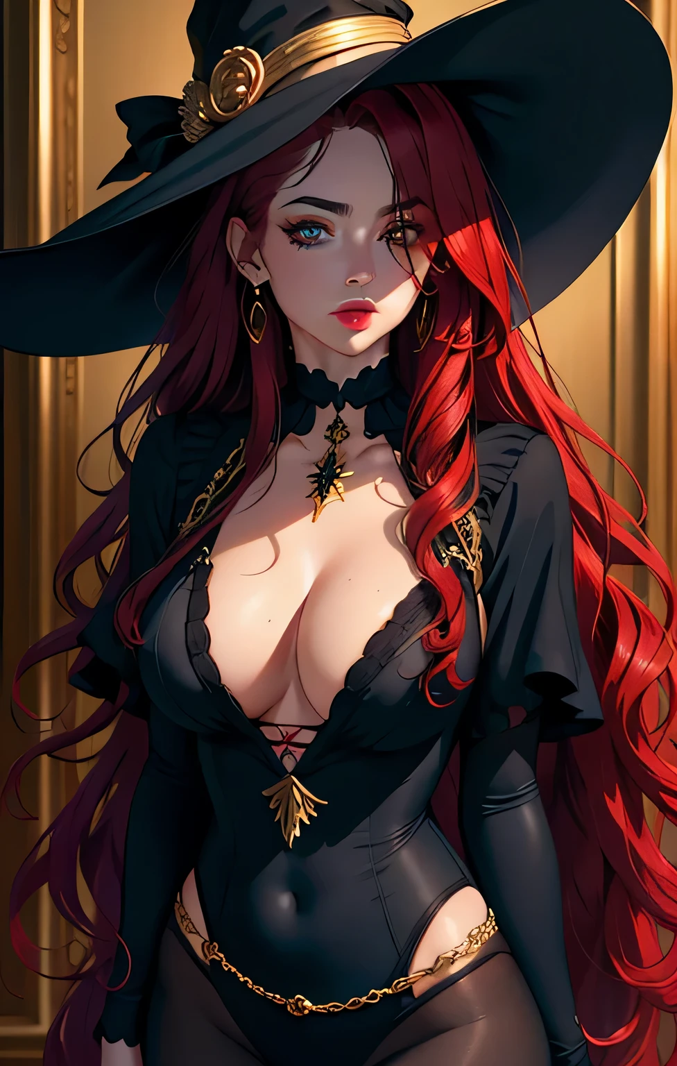 photorealistic, (hyperrealistic:1.2), beautiful, masterpiece, best quality, extremely detailed face, perfect lighting, full body, large breasts,long hair, ((red hair)), wavy hair,full lips,thick eyebrows,gold eyes,black choker,dark lipstick,witch hat, one eye, asymmetrical bangs