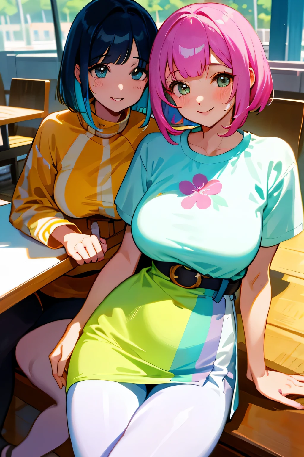 (highest quality:1.4)、High resolution、detailed background)、(detailed beautiful face:1.4)、anatomically correct、beautiful and smooth skin、skin texture、professional lighting、beautiful teenage girl、(two beautiful girls:1.4)、(huge breasts:1.3)、Brightly colored inner color hair、
cute hair color、bob cut、braided hairstyles、realistic、perfect body line、attractive thighs、Attractive big buttocks、sunny day、cowboy shot、Close-up、
Two women relaxing in a cozy cafe lounge、
Stylish interior and delicious drinks、It's even more appealing if you have a selection of sweets.、
Playfully sticking your body together、Have fun、A big smile、smile、sexual expression、cute gesture、cute、
Pair a loose, oversized t-shirt with colorful summer leggings、Wear sneakers or sandals for a lighter look、
Light floral and striped dresses are perfect for the summer sun.、
A belt around the waist creates a more feminine silhouette.、
Ruffle tops give a feminine and cute impression.、
Resort style at the beach or pool is also popular.、
Colorful bikinis or one-pieces with beach sandals、cute