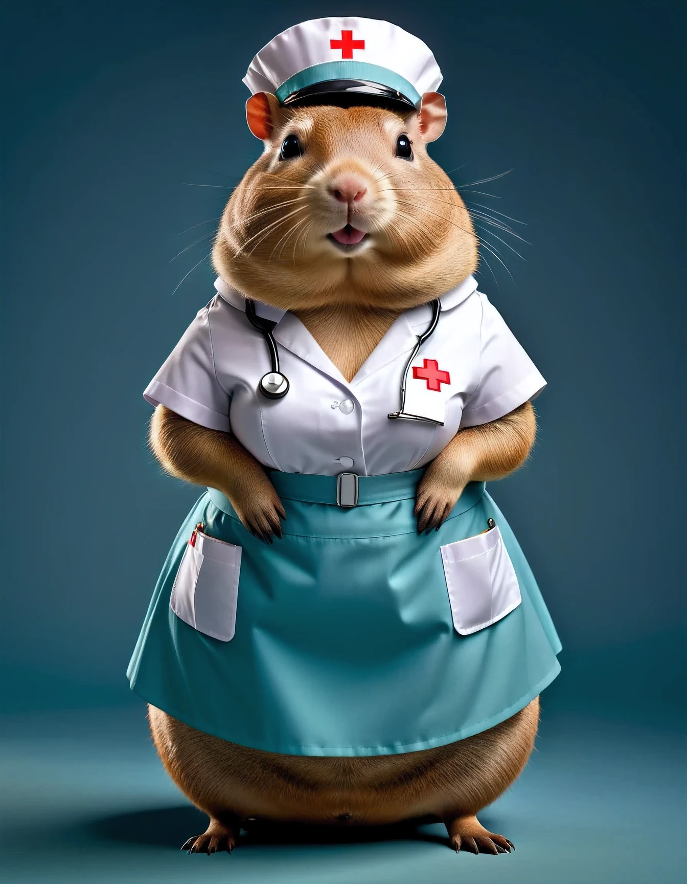 photorealistic portrait of Dressed animals - a ((fat)) capybara nurse,(hands on hips:1.2),(), high quality,(lovely) ,intricate details, highly detailed (( nurse costume)), wearing nurse cap and skirt , highly detailed medical equipment , (happy), studio lighting,(),(simple background)