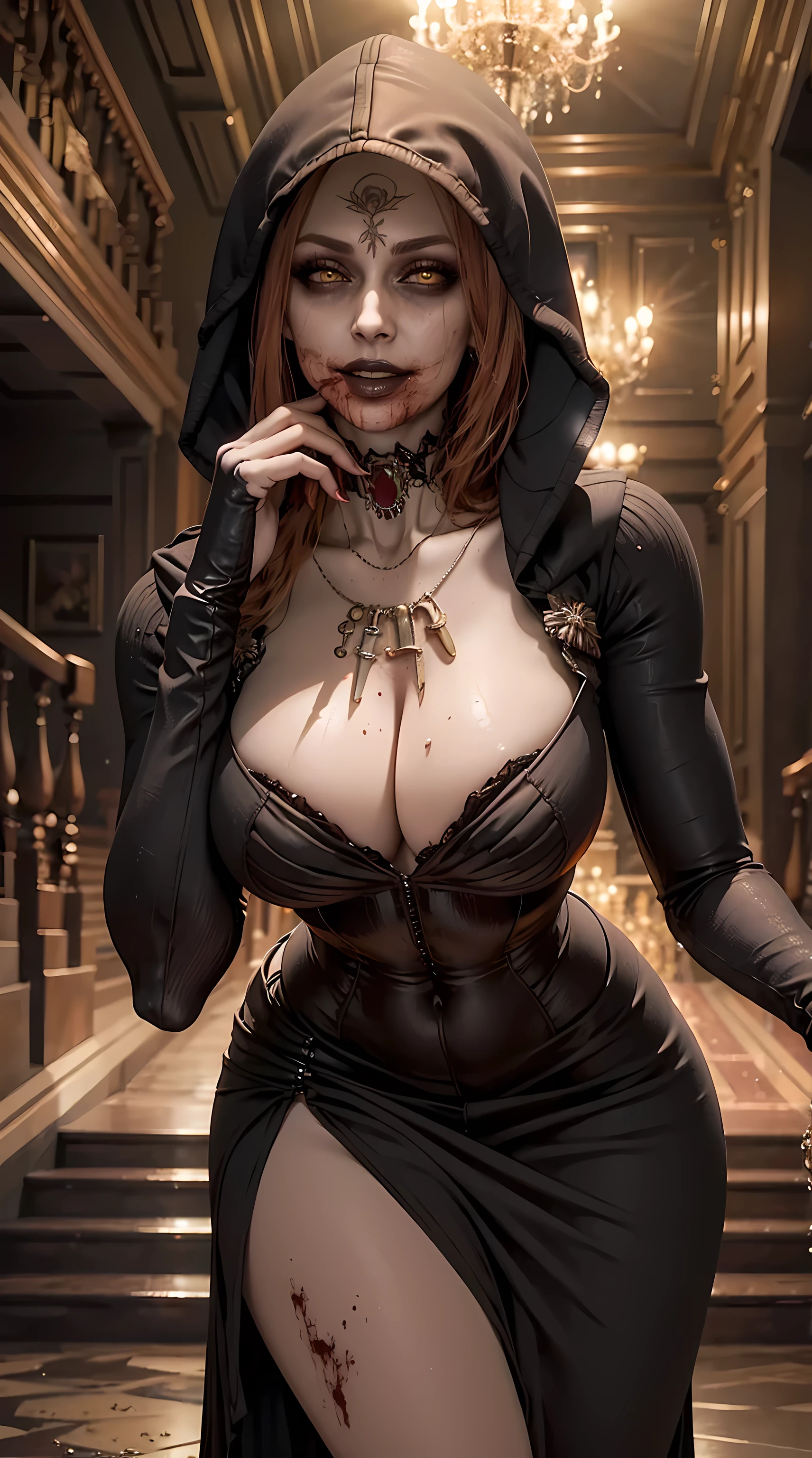 Beautiful redhead woman is shown to have a athletic figure, wearing a hood,  she is wearing a beautiful nsfw dress, jewelry, black lips, blood, dripping from mouth, yellow eyes, girl standing in a gala ballroom, sexy session, putting her hands on her waist, poseing, exposed cleavage, cowboy shot, superior quality, many details, realistic