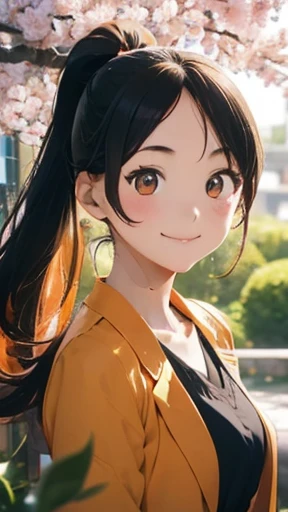 highest quality、realistic、Japanese、girl、2people、Peace sign in a row、looking at the camera、cute、smile、(orange eyes、long hair、all back、black hair、Forehead is coming out)、(ponytail、green eyes)white blazer、white blouse、Blue checked pleated skirt、Cherry tree in full bloom