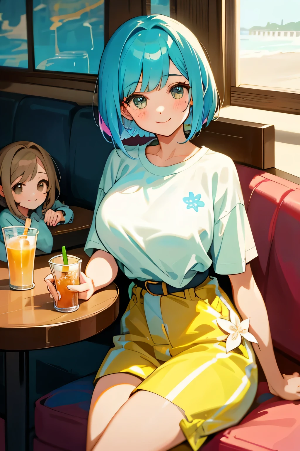 (highest quality:1.4)、High resolution、detailed background)、(detailed beautiful face:1.4)、anatomically correct、beautiful and smooth skin、skin texture、professional lighting、beautiful age girl、(two beautiful girls:1.4)、(huge breasts:1.3)、Brightly colored inner color hair、
cute hair color、bob cut、braided hairstyles、realistic、perfect body line、attractive thighs、Attractive big buttocks、sunny day、cowboy shot、Close-up、
Two women relaxing in a cozy cafe lounge、
Stylish interior and delicious drinks、It's even more appealing if you have a selection of sweets.、
Playfully sticking your body together、Have fun、A big smile、smile、sexual expression、cute gesture、cute、
Pair a loose, oversized t-shirt with colorful summer leggings、Wear sneakers or sandals for a lighter look、
Light floral and striped dresses are perfect for the summer sun.、
A belt around the waist creates a more feminine silhouette.、
Ruffle tops give a feminine and cute impression.、
Resort style at the beach or pool is also popular.、
Colorful bikinis or one-pieces with beach sandals、cute