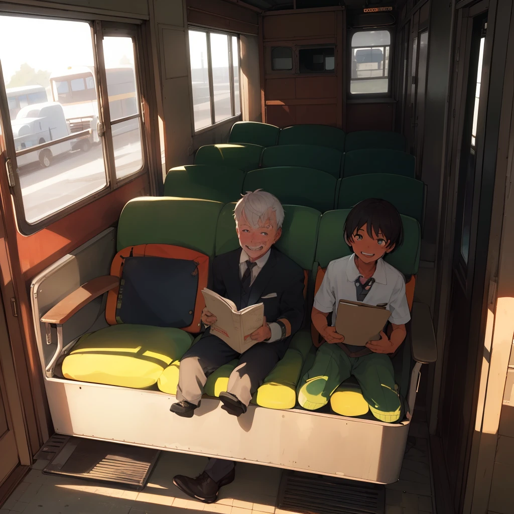 Detailed illustration of an old school bus, or Furgon escolar, belonging to Uncle Alex. The bus is depicted in superior quality, with intricate textures and patterns visible on its worn surface. The bus door is open, revealing the interior with faded seats and dust particles dancing in the sunlight. Uncle Alex, a jovial figure with a wide smile, can be seen in the driver's seat. His eyes are full of warmth and kindness, reflecting the authenticity of his character. In his hand, he holds the bus's steering wheel, ready to embark on another adventure with the children on board. The bus's engine roars to life, signaling the start of a journey filled