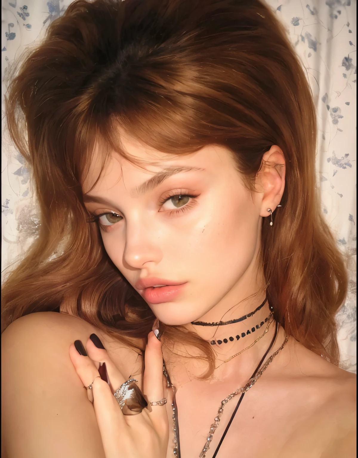 Mulher com cabelos ruivos e um anel no dedo, tirada no final dos anos 2000, tirada em meados dos anos 2000, usando gargantilha, Anastasia Ovchinnikova, angelina stroganova, usando gargantilha preta, colar de piercings, taken in the 2000s, Retrato de Sophie Mudd, jennie kim, blackpink jennie, Angelina Jolie.