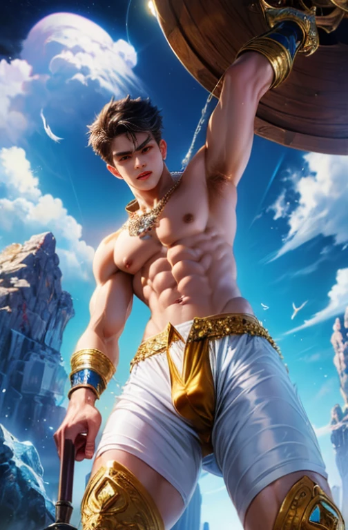 (nonsense, High resolution, very detailed, HDR), Masterpiece, best quality, A drawing of a boy, handsome man with red eyes, detailed face, professional photos, An Arav man enters the fight shirtless., Fight comfortably，legs open, (Swollen nipples(from below:1.1)), Focus on your audience,18 year old boy, handsome man, [ well defined body ]，abdomen，chest muscles，Big bulge，angel，wing，feather，cloud，cloud,((((Convex crotch)))),He was wearing blue crystal boots with a gold pattern.,wearing a crystal necklace,Wear compression shorts made from crystals.