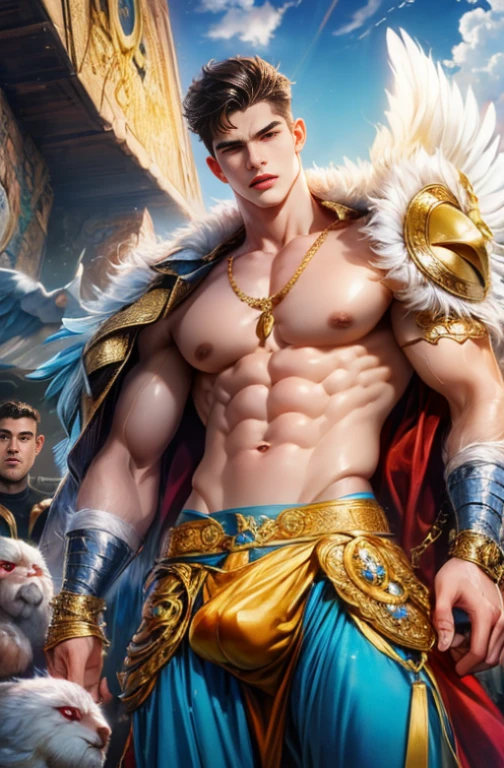 (nonsense, High resolution, very detailed, HDR), Masterpiece, best quality, A drawing of a boy, handsome man with red eyes, detailed face, professional photos, An Arav man enters the fight shirtless., Fight comfortably，legs open, (Swollen nipples(from below:1.1)), Focus on your audience,18 year old boy, handsome man, [ well defined body ]，abdomen，chest muscles，Big bulge，angel，wing，feather，cloud，cloud,((((Convex crotch)))),He was wearing blue crystal boots with a gold pattern.,wearing a crystal necklace,Wear compression shorts made from crystals.