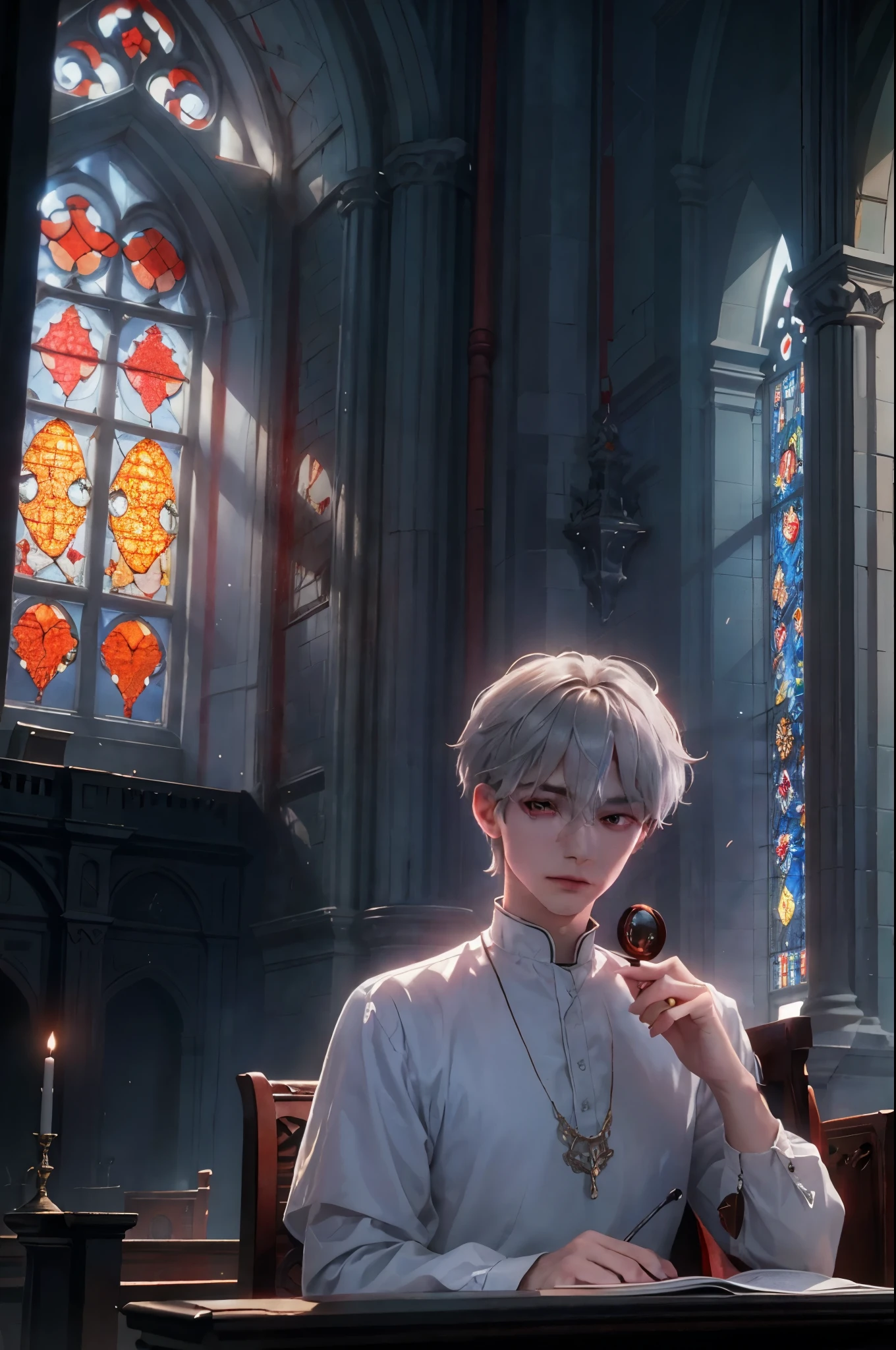 masterpiece, best quality, 1man, adult, male focus, solo, grey hair, vibrant red eyes, looking at viewer, closed mouth, cantarella, Fantasy aesthetics, Highly detailed, casual style, white outfit, Victorian church background , beside the window