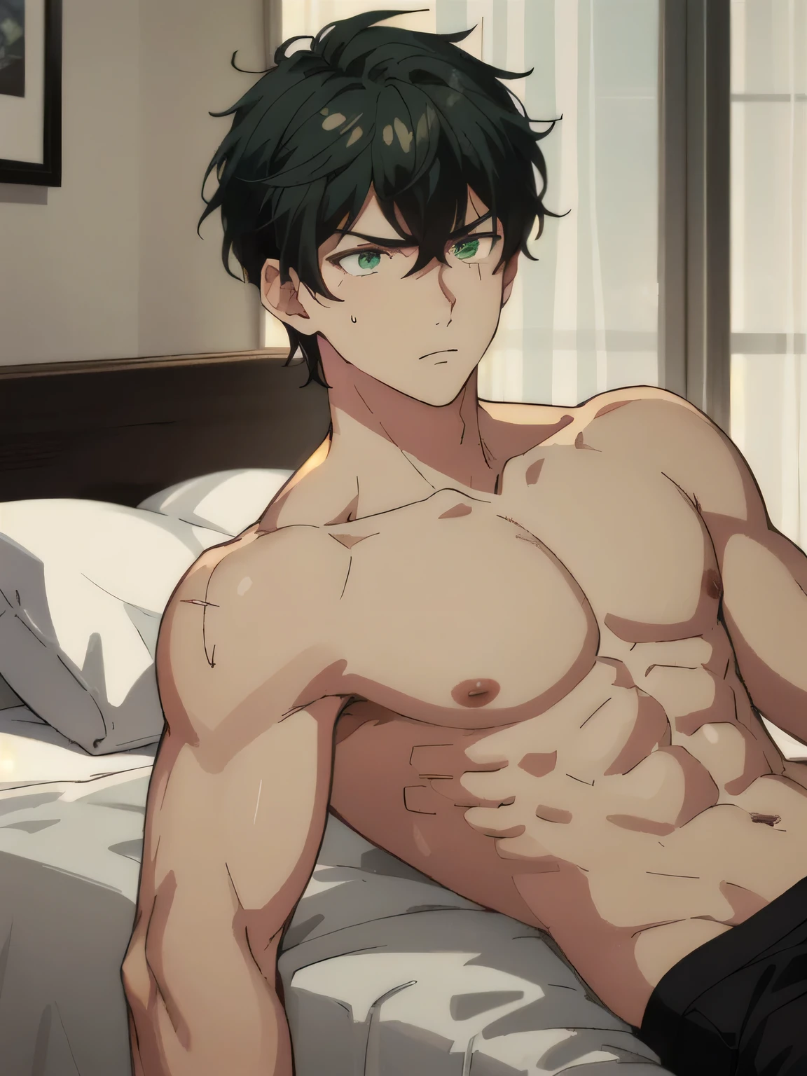 work of art, best quality, young man with black hair down to his shoulders, shirtless, lying in bed, beautiful body, strong, shiny skin, green eyes, angry expression, scar on his eyebrow. 