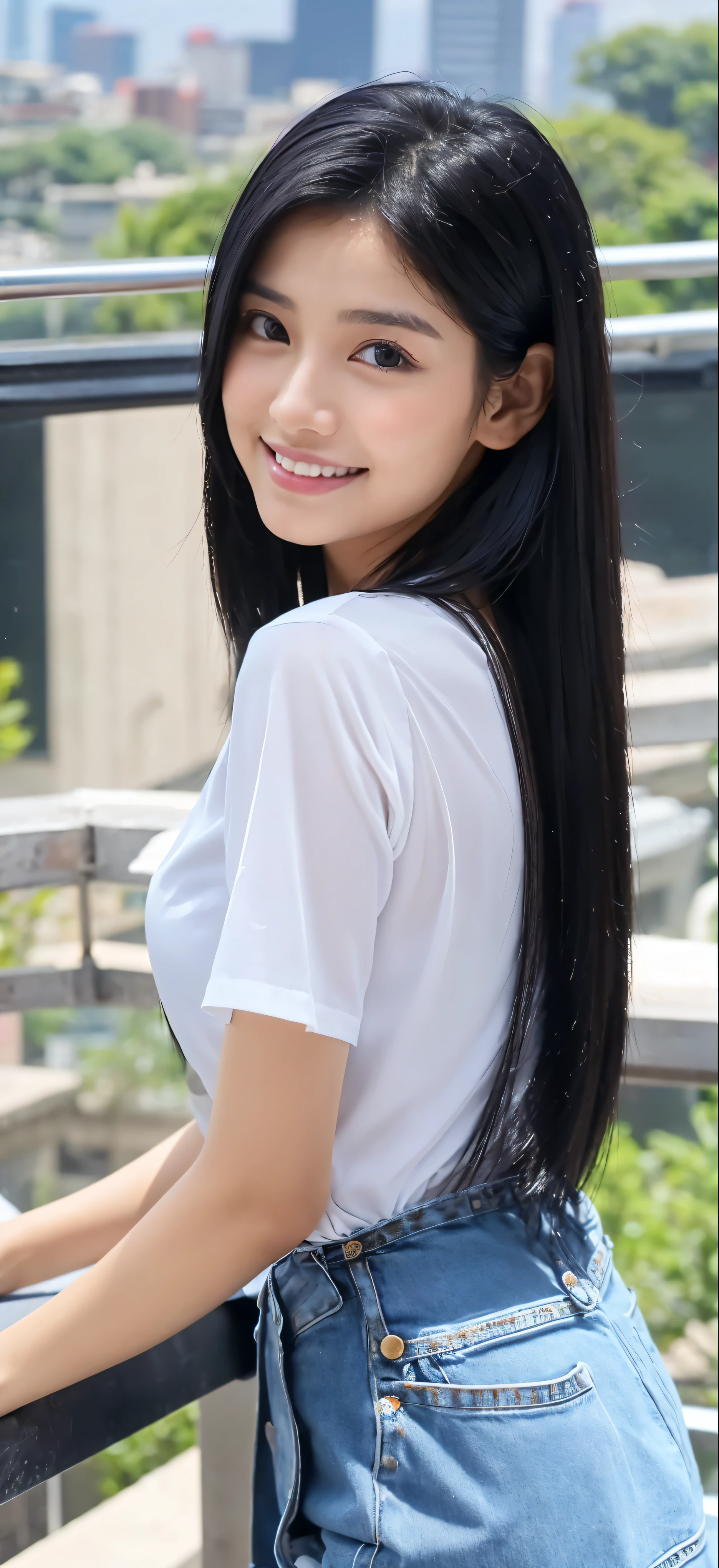 1 girl, indonesian girl, 23 years old, (black hair super-long 1 meters), (very beautiful face, very sweet, sharp eyes like an angel from heaven ), (beautiful hair), actress, smile, shiny skin, best quality, masterpiece, (photorealistic:1.4), terrace seating, asian, indonesian, jakarta, denim long skirt (realistic fabric), white short sleeves (cotton fabric), (no logo), thin fingers