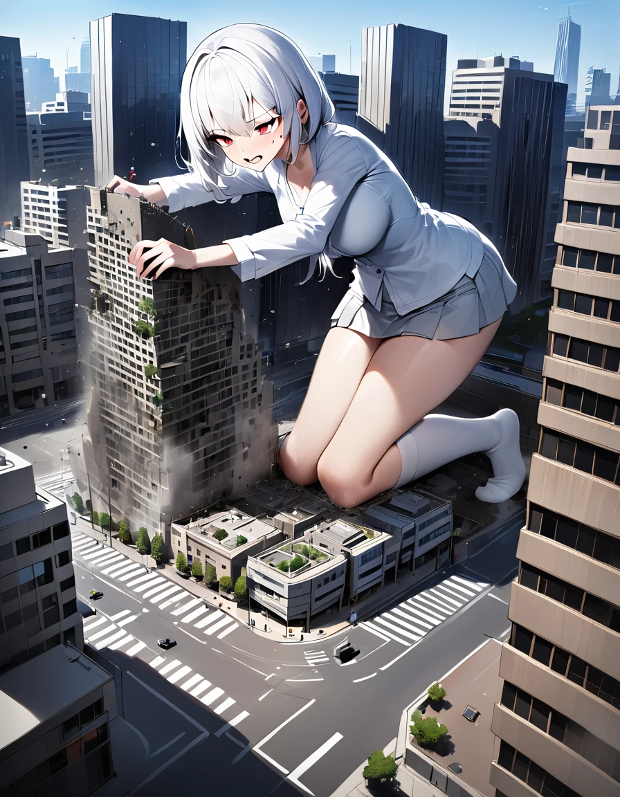 huge，******* girl，white hair，short skirt，teasing，A giant girl taller than a building，Wearing white knee socks，city-destroying，miniature city，Kneeling in the city
