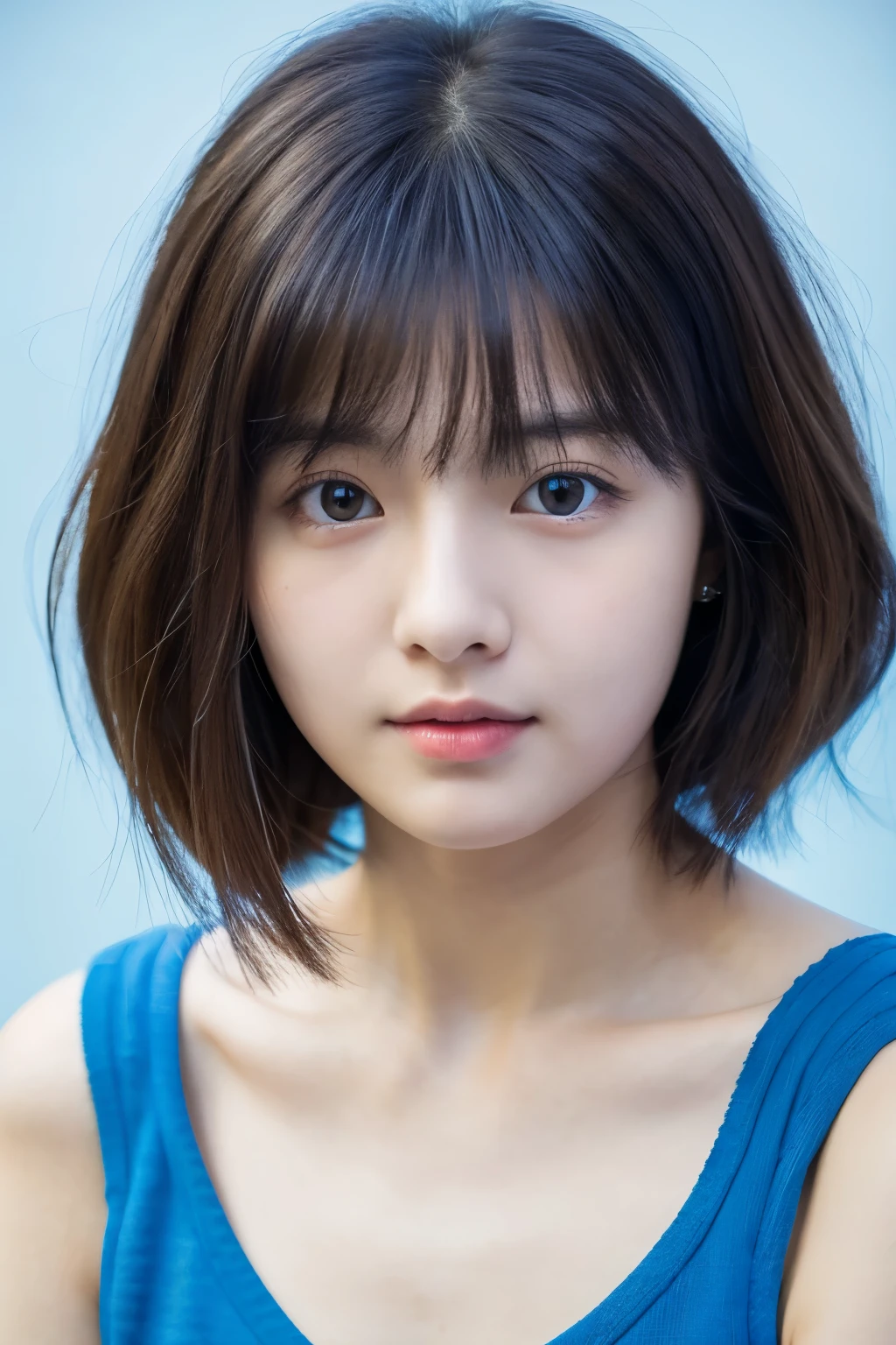 20 year old girl, short and fine hair, close-up shot shot, Light blue tops.