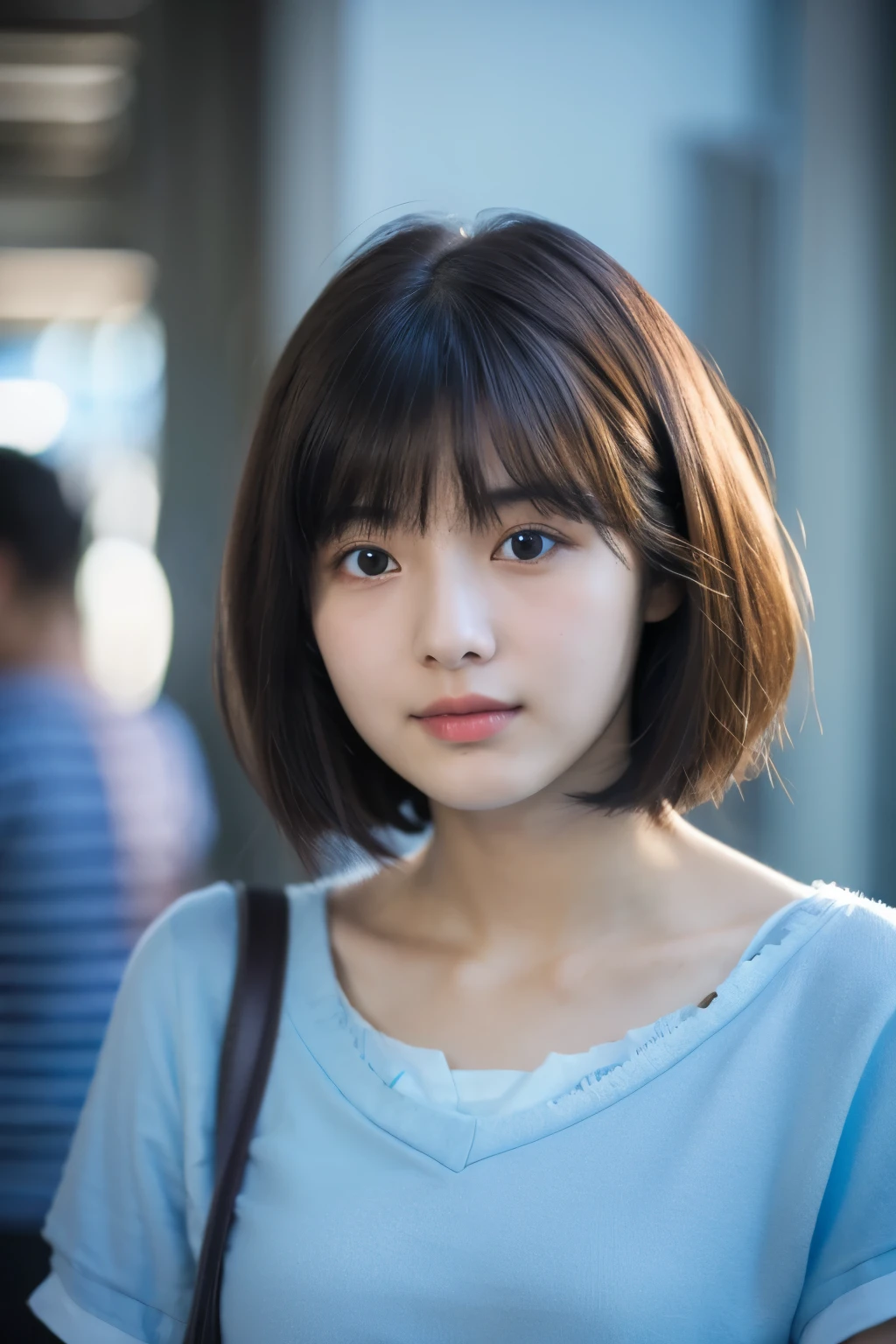 20 year old girl, short and fine hair, close-up shot shot, Light blue tops.