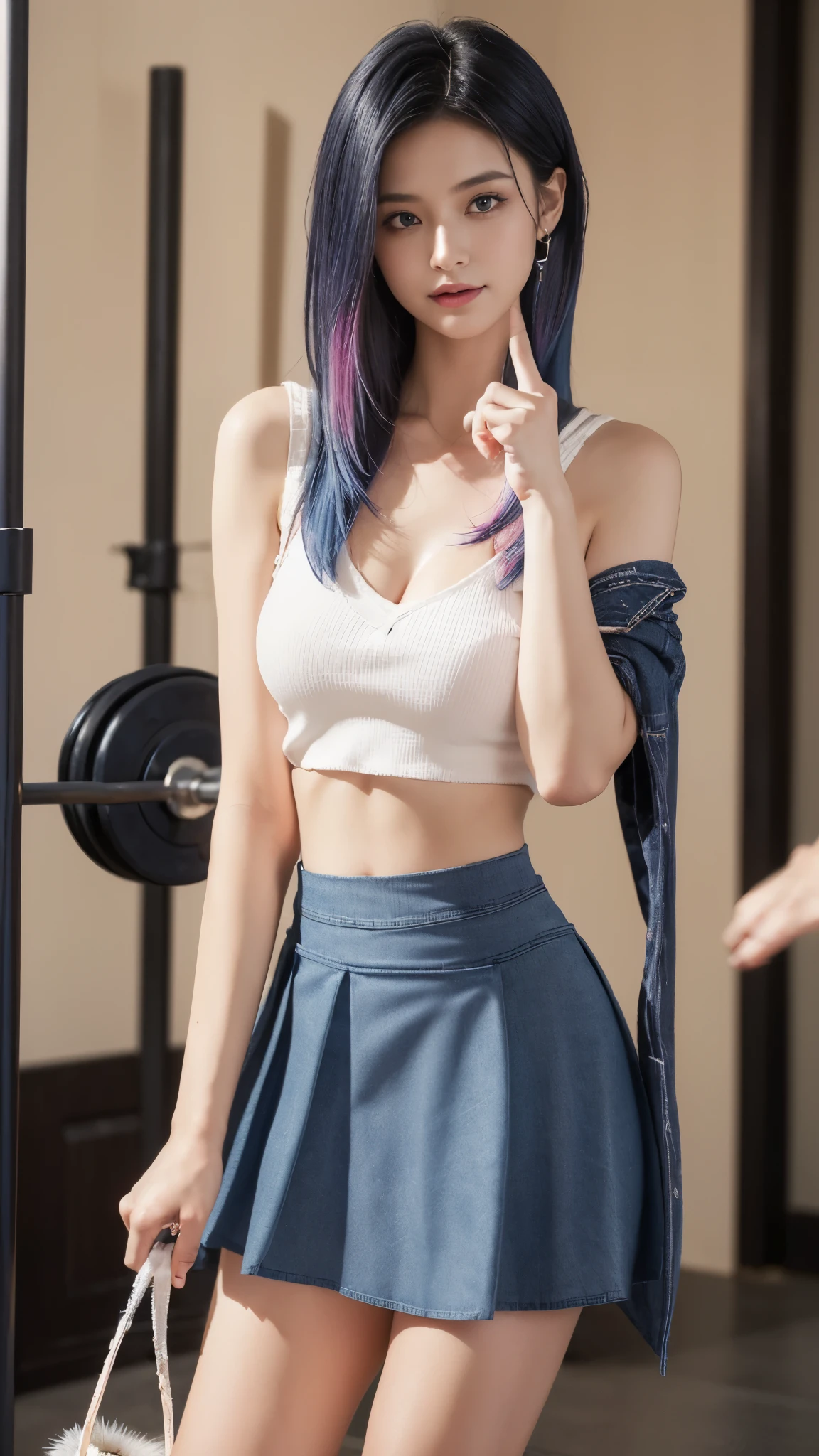 score_9, score_8_up, score_7_up,rating_questionable,1girl,zPDXL,woman,naughty smile,blush,(0.7::black|0.3::denim blue|hair) (0.7::fauxhawk|0.01::slightly rainbow hair),blue eyes,medium breasts,cleavage, upskirt,panties, medium shot,from below, shallow depth of field, perfecteyes, realistic, (lifting skirt completely with one hand:1.8), (putting finger on cunt:1.8)