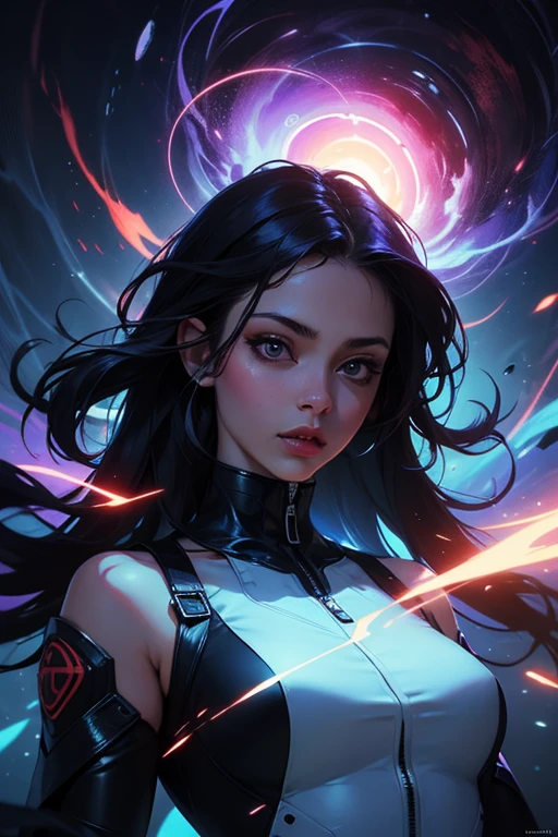 A stunning woman surrounded by a swirling nanodusty plasma in electric blue and vibrant purple, vibrant colors, surreal and mysterious, hyperrealistic, modern art, digital painting, trending in Artstation, cinematic lighting, and dynamic composition.
