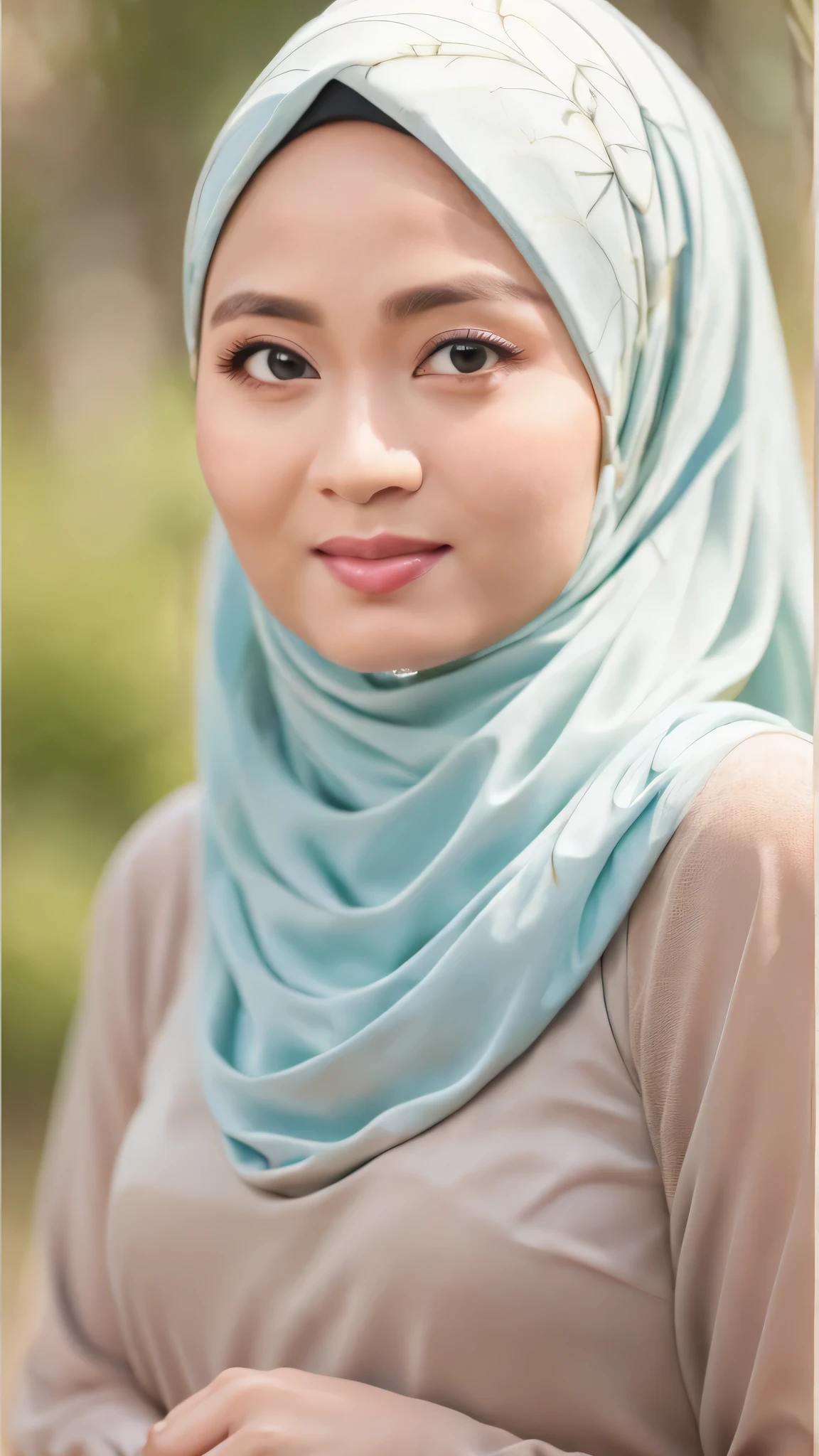 best quality,ultra-detailed,realistic,long curly hair,(beauty:1.1),(elegance:1.2),(femininity:1.25),traditional hijab,gorgeous,soft fabric,vivid colors,serene expression,sparkling eyes,delicate features,subtle makeup,(confidence:1.1),beautiful scenery,flowers in the background,sunlight filtering through the trees,peaceful garden,traditional patterned hijab,harmony,masterpiece