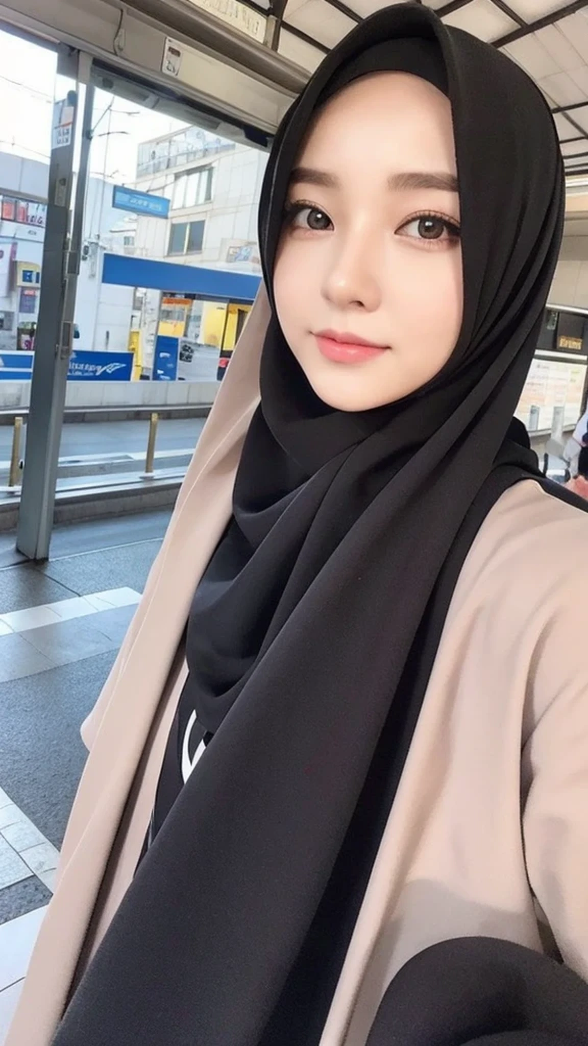 Beautuful Women、hijab, indonesian, realistic, train station、selfee、The face is cute、Vanrak Ayyans appears. beautiful、alone