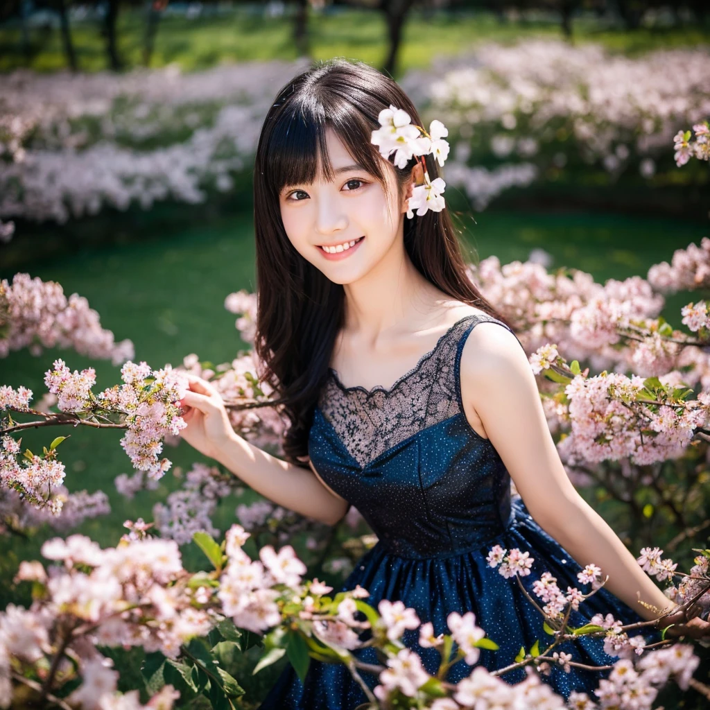 （16k，super highest quality，masterpiece，ultra high resolution，realistic，realistic)，〜20-year-old，one piece，long dress，Sukesuke dress，straight long hair，beautiful skin，beautiful body，full body photo，full body angle，A lovely and beautiful young Japanese girl，with young body，baby face，siid，slim waist，field，beautiful water lake background，beautiful limbs，Beautiful and thin legs，chest，black hair，black eye，cute smile，adorable smile，Lots of cherry blossoms in full bloom in the background，A lot of colorful flowers in the background，in the dark，deep shadow，Full moon in the background，A lot of starry sky in the background，Cherry blossoms illuminated at night，Flower garden light up