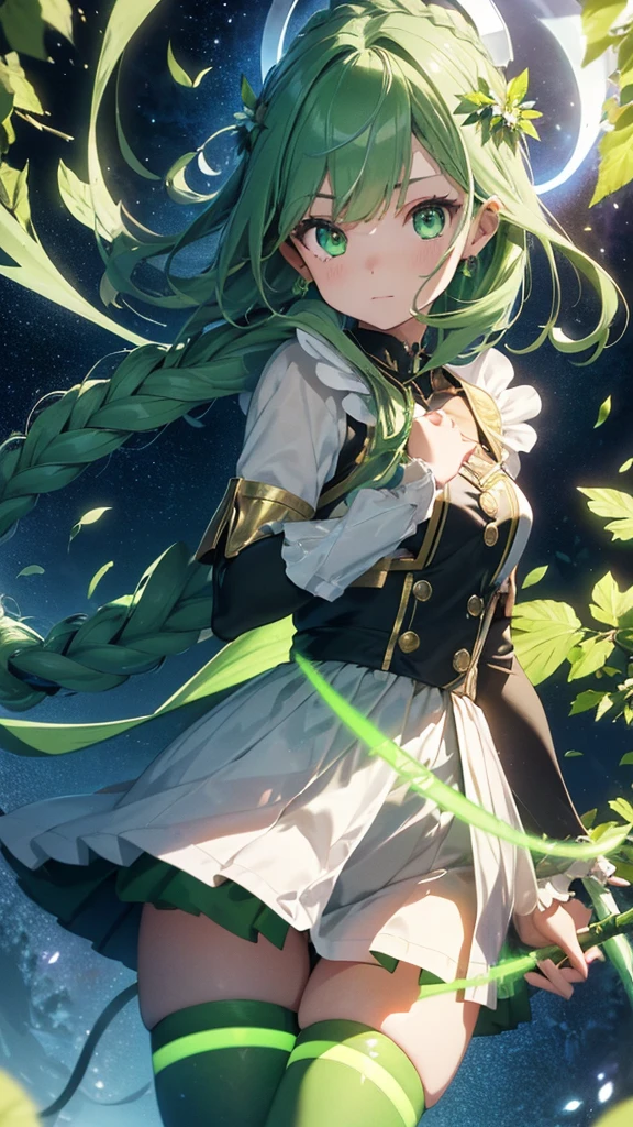 a goddess of life, mature look, mature body, (((leaf green hair streaked glowing green low twin super large long braids))), wavy hair, floating hair, hair strand, (((glowing phantom green eyes))), aqua eyes, pupils sparkling, longeyelashes, eye reflection, (((Glowing silver-green half-helmet))), ((A short skirt made of many leaves)), (Green thigh stockings), Leaf green boots, flower hairclip, flower earrings, glowing clothing masterpiece, (((Hand holding a huge branch-shaped staff with small flowers and leaves))), (((A large green glowing magic circle at your feet))), (((A huge leaf totem floats upright behind the back))), (((A halo composed of various greens on the head))), Many leaves are flying around the body, Random expressions, Random pose, (Floating on cloud), green god rays, Focus on face, Highly detailed face, high quality clothes, anime, Futurism, chiaroscuro, motion blur, sparkle, glowing light, reflection light, ray tracing, UHD, retina, ccurate, masterpiece, super detail, best quality, textured skin, super detail face, perfect face, Super fine facial details, beautiful and delicate eyes, perfect eyes, anatomically correct, correct limbs, correct figner, super detail figner, best hair quality, best clothing quality, best prop quality, best halo detail and quality, best magic circle detail and quality, complex halo detail,