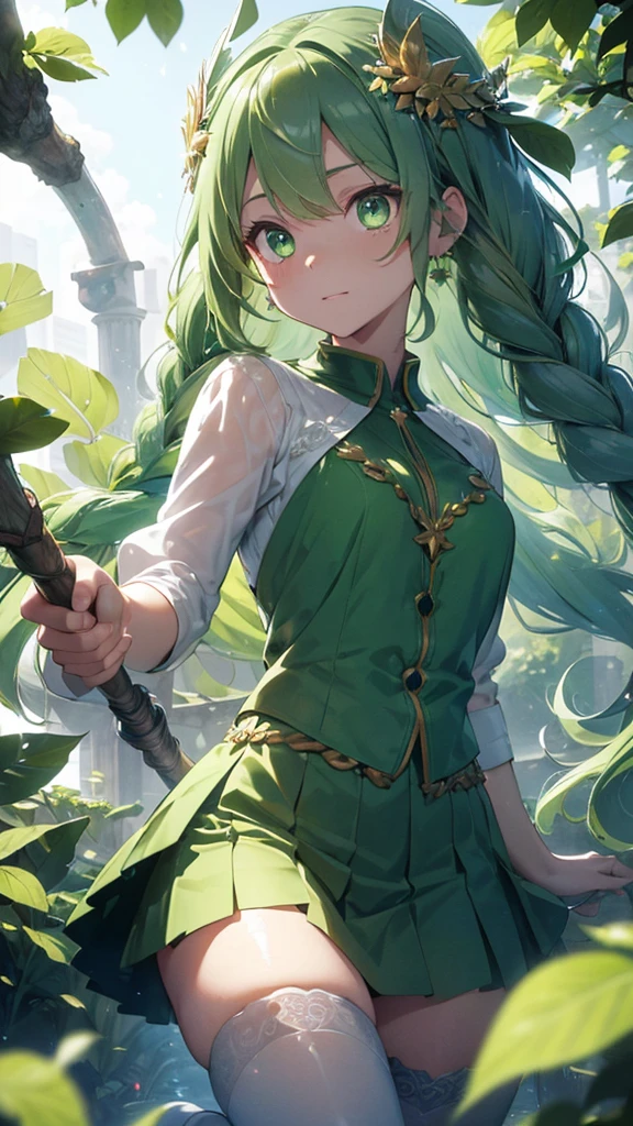 a goddess of life, mature look, mature body, (((leaf green hair streaked glowing green low twin super large long braids))), wavy hair, floating hair, hair strand, (((glowing phantom green eyes))), aqua eyes, pupils sparkling, longeyelashes, eye reflection, (((Glowing silver-green half-helmet))), ((A short skirt made of many leaves)), (Green thigh stockings), Leaf green boots, flower hairclip, flower earrings, glowing clothing masterpiece, (((Hand holding a huge branch-shaped staff with small flowers and leaves))), (((A large green glowing magic circle at your feet))), (((A huge leaf totem floats upright behind the back))), (((A halo composed of various greens on the head))), Many leaves are flying around the body, Random expressions, Random pose, (Floating on cloud), green god rays, Focus on face, Highly detailed face, high quality clothes, anime, Futurism, chiaroscuro, motion blur, sparkle, glowing light, reflection light, ray tracing, UHD, retina, ccurate, masterpiece, super detail, best quality, textured skin, super detail face, perfect face, Super fine facial details, beautiful and delicate eyes, perfect eyes, anatomically correct, correct limbs, correct figner, super detail figner, best hair quality, best clothing quality, best prop quality, best halo detail and quality, best magic circle detail and quality, complex halo detail,