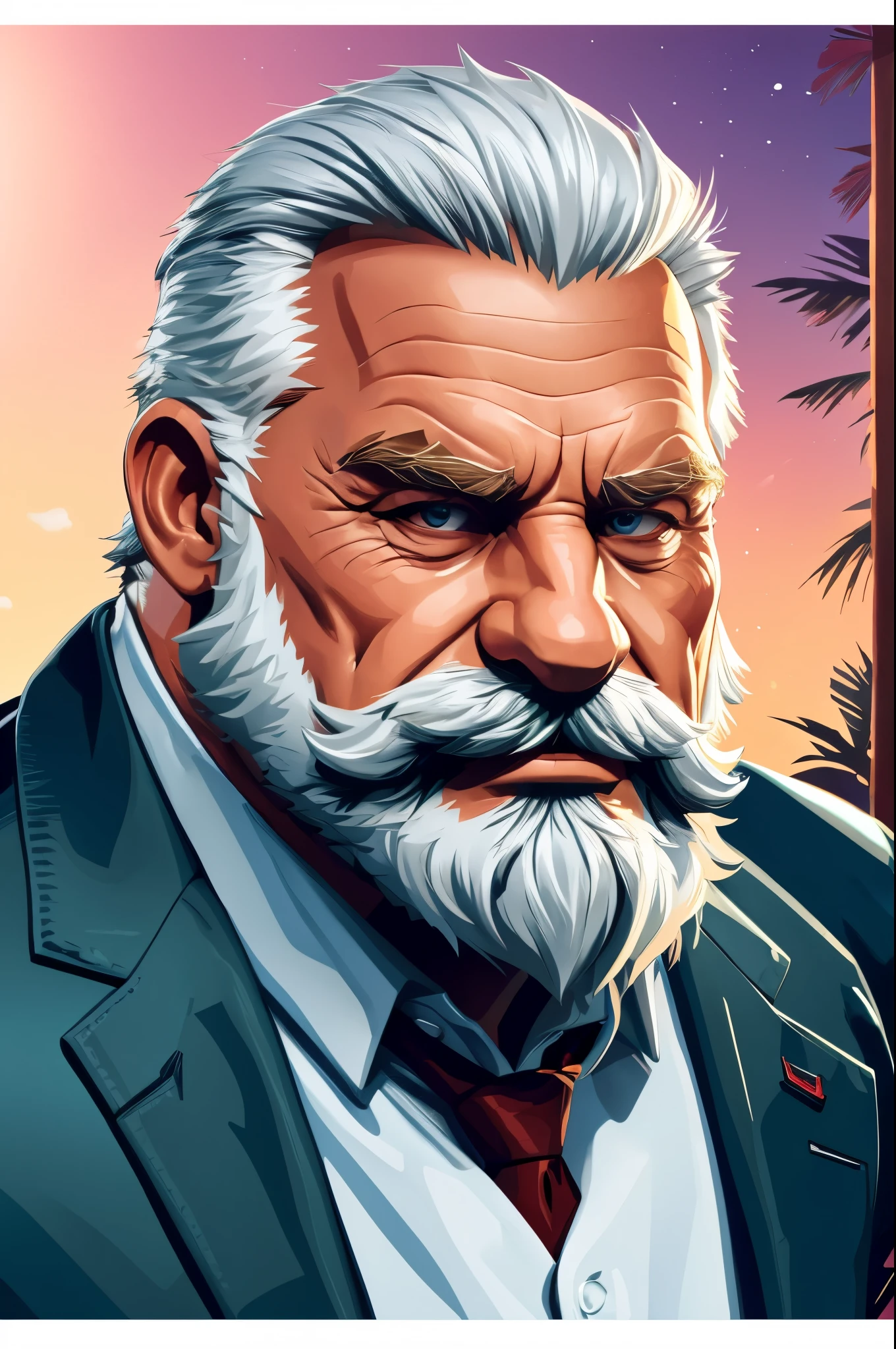 masterpiece, high quality, 8k, FHD, HDR, portrait, muscular old man in park, beard, happy, summer, suits, (vector, mwvector), detailed vector, high detail, half body, realistic, white hair