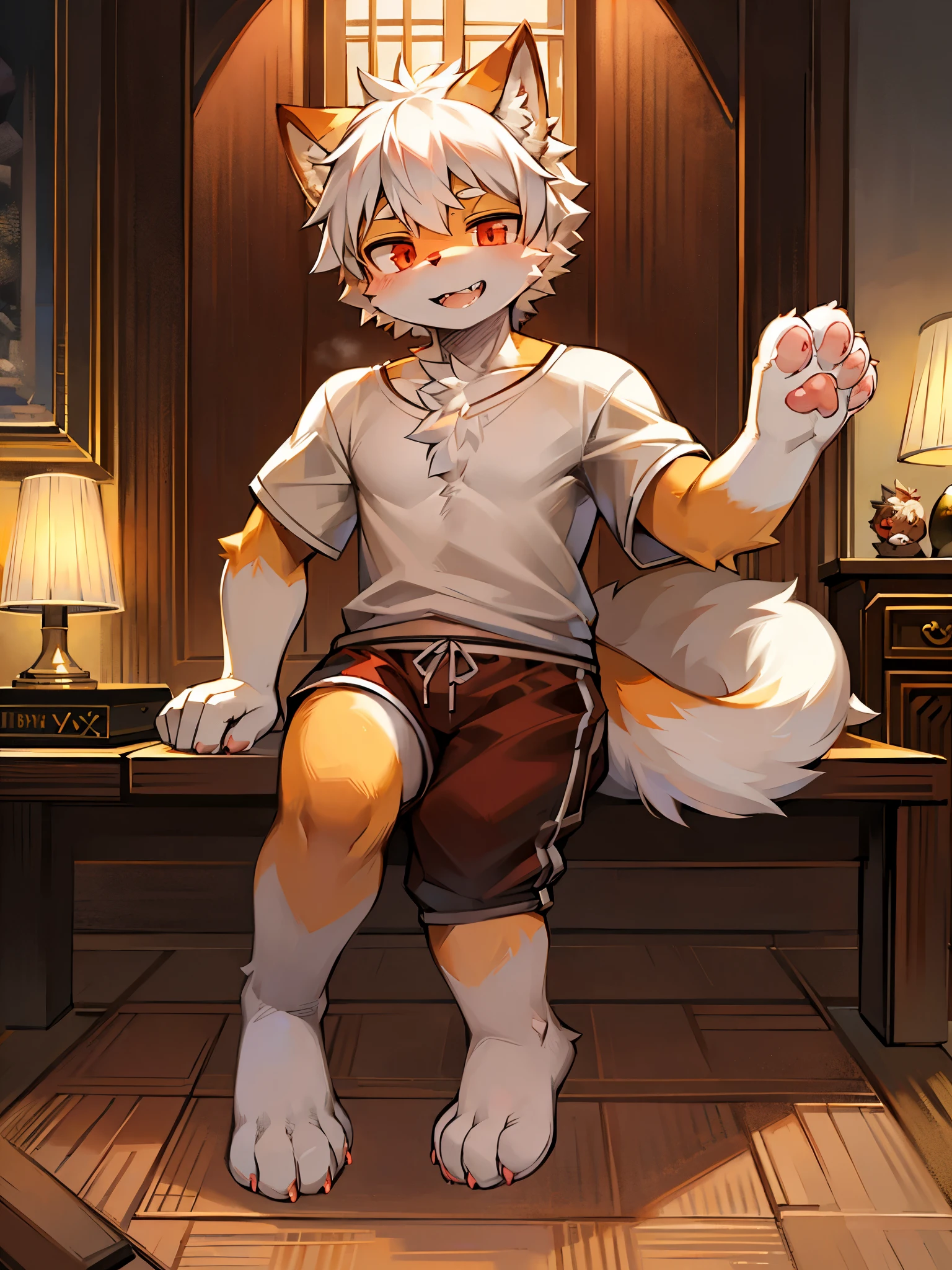 8K, masterpiece, best quality,Lovely插画,number,brightness,(Detailed background)Orange and white fox orc(Shota),(white hair,fluffy hair,Character focus)8 -old,ng and energetic,hairy chest,Red eyes,Full body fur shorts,White shirt,alone(long canine teeth,furry tail)Lovely,(sit on the floor,Raise your paws,Showing pink pads)