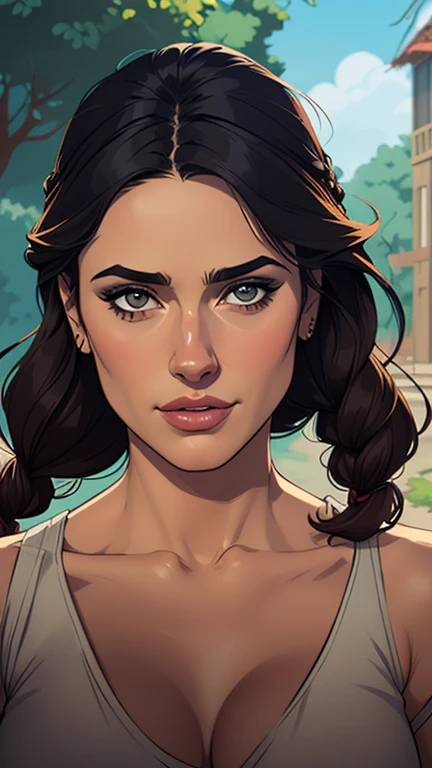 Personagem mulher ninja com marcas de guerras Imagem de desenho animado de uma mulher .cartoon style illustration, estilo de arte dos desenhos animados, estilo de arte dos desenhos animados, digital illustration style, design de personagens altamente detalhado, arte digital detalhada coragem, Forest fan art, Design de personagens de retrato, beautiful digital illustration, retrato de alta qualidade, Arte em quadrinhos, mulher jovem cabelo com transas lindas . Beautiful lined eyes Medium large bust and wonderful sexy clothes. image expression of sexual desire from waist to head illustration Jennifer Connelly and Salma haiek 