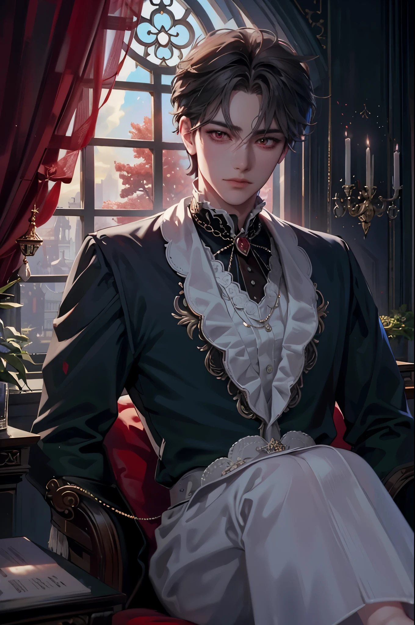 masterpiece, best quality, 1man, adult, male focus, solo, dark grey hair, vibrant red eyes, looking at viewer, closed mouth, cantarella, Fantasy aesthetics, Highly detailed, casual style, white outfit Victorian mansion background , beside the window, natural lighting