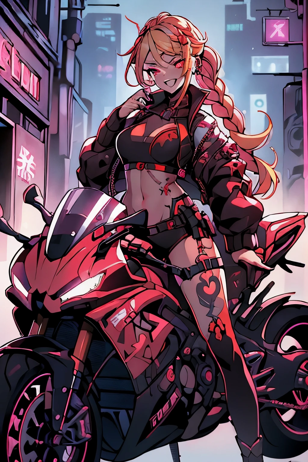 1girl, rebecca \(cyberpunk\), full body, solo, blonde braid hair, glowing red eyes,laugh fearlessly, leg tattoo, neck tattoo,  large chest, black bra, thong, red pupils, skin fang, red eyes, black jacket, Straddling a motorcycle、dynamic angle、dynamic pose、