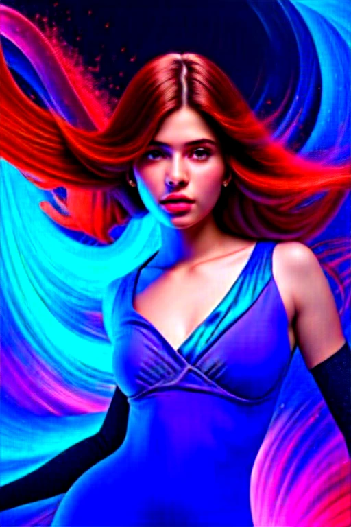 A stunning woman surrounded by a swirling nanodusty plasma in electric blue and vibrant purple, vibrant colors, surreal and mysterious, hyperrealistic, modern art, digital painting, trending in Artstation, cinematic lighting, and dynamic composition.