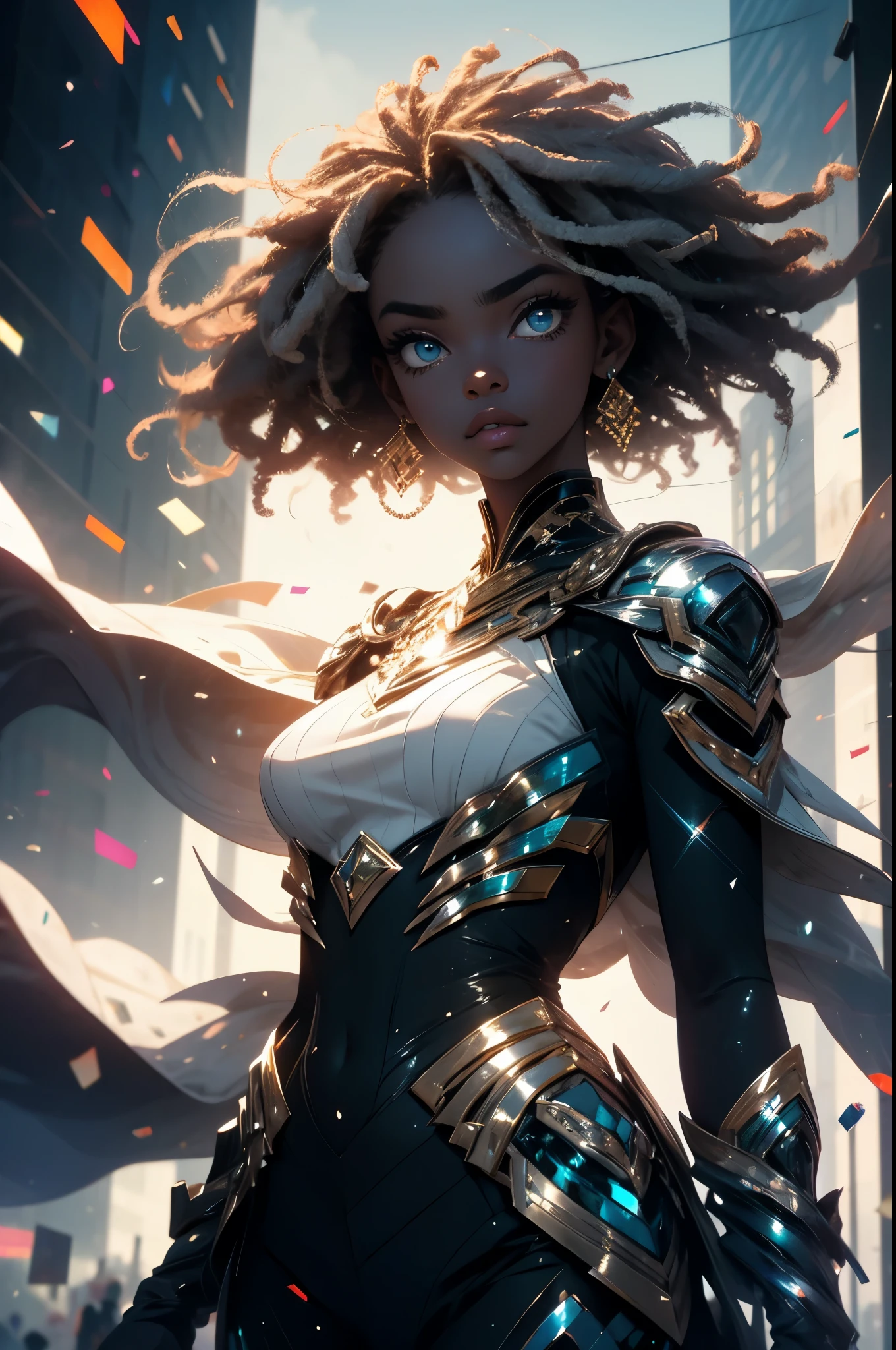 Half body shot of black woman surrounded by glittering bursting mirror glass particles, dressed in african designed attire, her image partially blurry, blue eyes and curly hair, standing in a city with abstract building infrastructures,  glittering and shimmering light reflecting on the mirror glass particles providing a beautiful and atmospheric scenery, beautiful and moody images, green, grey and silver colour grading.