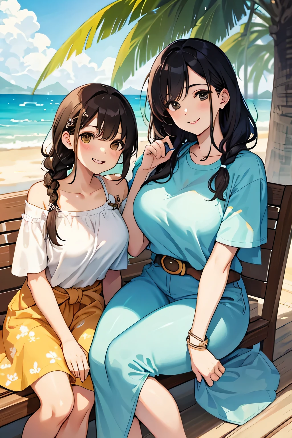 (highest quality:1.4)、High resolution、detailed background)、(detailed beautiful face:1.4)、anatomically correct、beautiful and smooth skin、skin texture、professional lighting、beautiful teenage girl、(two beautiful girls:1.4)、(huge breasts:1.3)、
brown hair、braided bob、braided ponytail、braided hairstyles、realistic、perfect body line、attractive thighs、Attractive big buttocks、sunny day、cowboy shot、Close-up、
Two women relaxing in a cozy cafe lounge、
Stylish interior and delicious drinks、It&#39;s even more appealing if you have a selection of sweets.、
Playfully sticking your body together、Have fun、A big smile、smile、sexual expression、cute gesture、cute、
Pair a loose, oversized t-shirt with colorful summer leggings、Wear sneakers or sandals for a lighter look、
Light floral and striped dresses are perfect for the summer sun.、
A belt around the waist creates a more feminine silhouette.、
Ruffle tops give a feminine and cute impression.、
Resort style at the beach or pool is also popular.、
Colorful bikinis and one-piece dresses with beach sandals and straw hats、cute