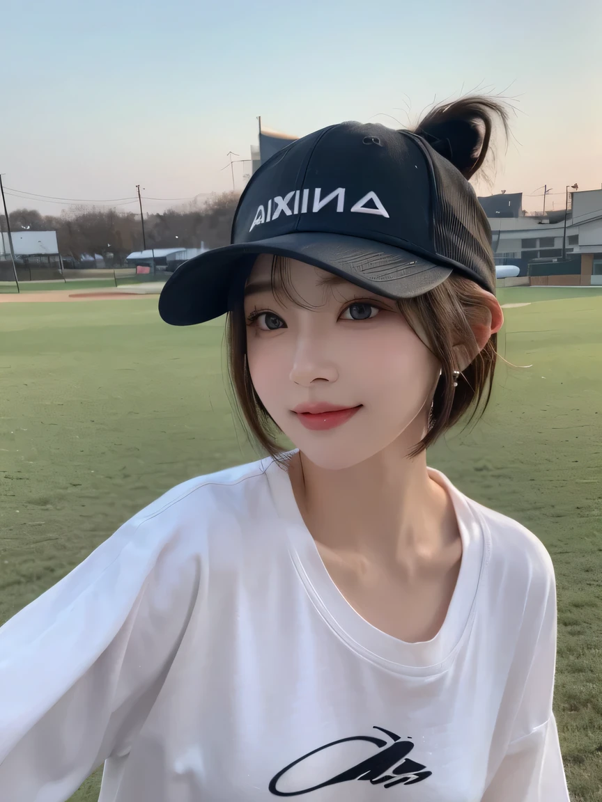 Best image quality、original photo、ultra high resolution、21 years old Korean、small breasts、dynamic angle、Cowboy shooting、The most beautiful form of chaos、elegant、Innovative design、bright colors、,light brown short hair、disheveled hair、light brown eyes 、black baseball cap(Facial expressionSmile)、short bob、Smile、Fair and shiny skin、beautiful eyes，random colors、The details are very beautiful、thin lips、Delicate beautiful eyes、elongated eyes、pale pink cheeks、long eyelashes、beautiful double eyelids、eye shadow、he、White big T-shirt sweatshirt、baggy pants、Shot from the side、sexy pose、enlarge