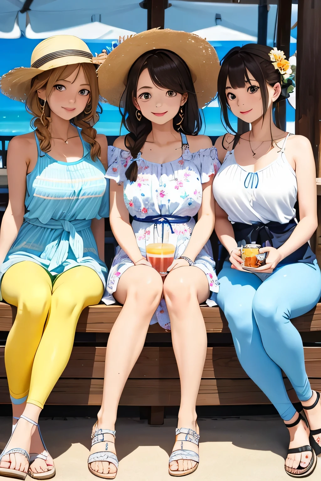 (highest quality:1.4)、High resolution、detailed background)、(detailed beautiful face:1.4)、anatomically correct、beautiful and smooth skin、skin texture、professional lighting、beautiful age girl、(three beautiful girls:1.4)、(huge breasts:1.3)、
brown hair、braided bob、braided ponytail、braided hairstyles、inner color hair、realistic、perfect body line、attractive thighs、Attractive big buttocks、sunny day、cowboy shot、
Three women relaxing in a cozy cafe lounge、
Stylish interior and delicious drinks、It's even more appealing if you have a selection of sweets.、
Playfully sticking your body together、Have fun、A big smile、smile、sexual expression、cute gesture、cute、
Pair a loose, oversized t-shirt with colorful summer leggings、Wear sneakers or sandals for a lighter look、
Light floral and striped dresses are perfect for the summer sun.、
A belt around the waist creates a more feminine silhouette.、
Ruffle tops give a feminine and cute impression.、
Resort style at the beach or pool is also popular.、
Colorful bikinis and one-piece dresses with beach sandals and straw hats、cute