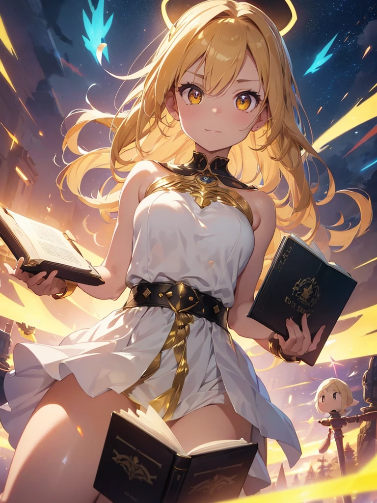 a goddess of wisdom, mature look, Toning the body, white skin, (Glowing clothing masterpiece:1.4), pure white fabric strapless tube top dress, luminous golden belt, luminous Golden arm Armor, golden leg armor, (a glowing sword-shaped figure appears on the back:1.5), (The left hand holds a glowing book:1.6), (((glowing beige white hair streaked luminous yellow hair))), (single sidelock short wavy hair), (hair strand), shiny hair, (((colored eyelashes and eyebrows))), (glowing yellow gradient amber eyes:1.2), (an upright golden eye on the forehead:1.4), some clouds swirling float behind shoulders, (((Some luminous text totems float around))), Random background, Random pose, Random expressions, Futurism, anime, god rays, ray tracing, reflection light, sparkle, motion blur, Ultra-Wide Angle, glowing light, UHD, masterpiece, super detail, best quality, retina, ccurate, textured skin, super detail face, perfect face, Super fine facial details, beautiful and delicate eyes, perfect eyes, anatomically correct, correct limbs, correct figner, super detail figner, best hair quality, best clothing quality, best prop quality, best halo detail and quality, best magic circle detail and quality, complex halo detail,