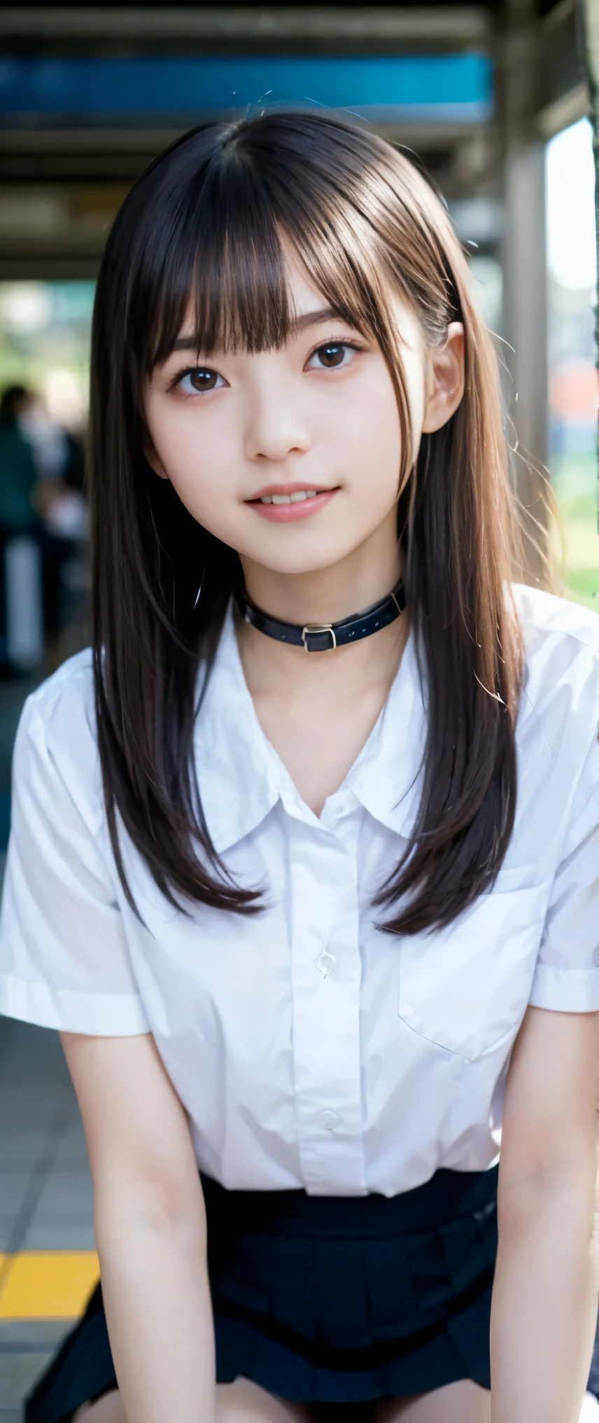 (masterpiece, highest quality:1.2), 8K, 12才のfull nudeの女の子, 85mm,Official AR RAW photo, スーパースリムなスレンダーbeautiful girl, (When I lift up my short navy blue skirt、下Half bodyfull nude、short sleeveの白シャツ、show me your ears、naked girl photo shoot、full nude, cute face, close, Half body, biolace, gardenia, beautiful girl, , thighs, short sleeve, sit on all fours on the station platform, looking at the viewer, no makeup, (big smile), film grain, chromatic aberration, sharp focus, face light, clear lighting, Ten generations, detailed face, background bokeh, (dark red tie:1.1)、((((((12 year old girl))))))、((((((12才のfull nude女子高生に首輪を取り付け散歩させる)))))、Pulling with a rope from a collar、
