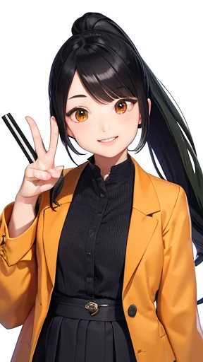 highest quality、realistic、Japanese、femaleの子、2people、Peace sign in a row、looking at the camera、cute、smile、(female:1、orange eyes、long hair、all back、black hair、Forehead is coming out)、(female:2、ponytail、black hair、green eyes)white blazer、white blouse、Blue checked pleated skirt、Cherry tree in full bloom