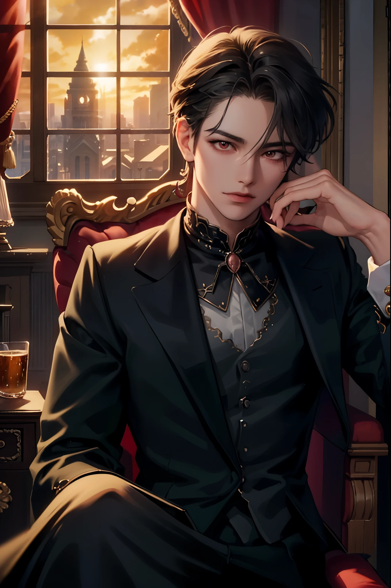 masterpiece, best quality, 1man, adult, male focus, solo, dark grey hair, vibrant red eyes, looking at viewer, closed mouth, cantarella, Fantasy aesthetics, Highly detailed, casual style, white outfit Victorian mansion background , beside the window, golden hour lighting 