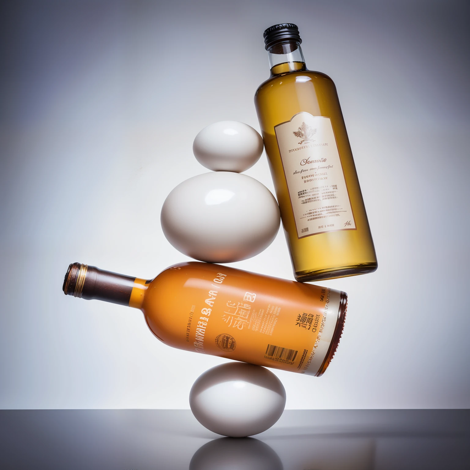 Wine bottle and eggs on reflective surface, commercial Product photography, dramatic Product photography, Product photography, Dramatic product shots, professional Product photography, Dramatic product lighting, high quality Product photography, 专业Product photography, Product photography, studio Product photography, beauty shoot, Product photography, High resolution product photos, Detailed product photos, Product photography 4 k